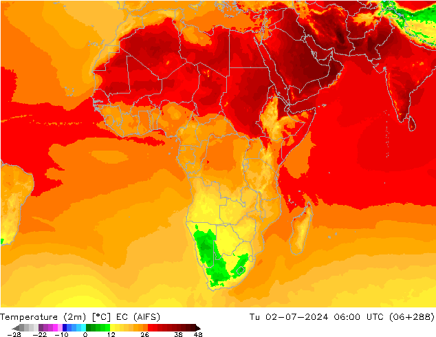 Temperature (2m) EC (AIFS) Út 02.07.2024 06 UTC