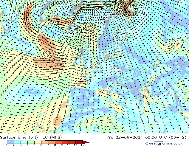 Surface wind (bft) EC (AIFS) So 22.06.2024 00 UTC