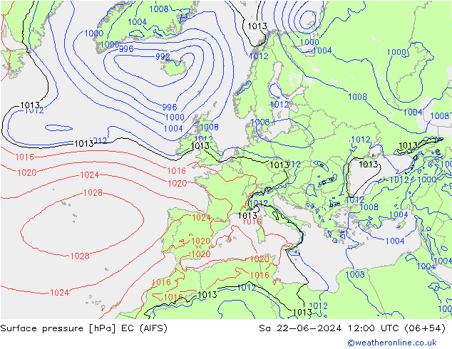 Surface pressure EC (AIFS) Sa 22.06.2024 12 UTC