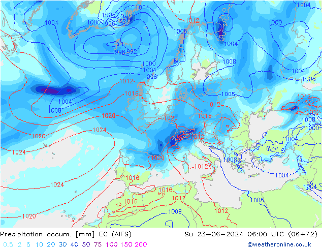 Précipitation accum. EC (AIFS) dim 23.06.2024 06 UTC