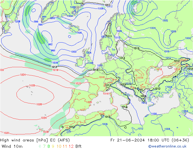 High wind areas EC (AIFS) Fr 21.06.2024 18 UTC
