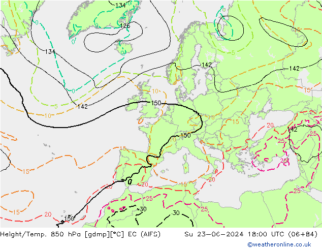 Yükseklik/Sıc. 850 hPa EC (AIFS) Paz 23.06.2024 18 UTC