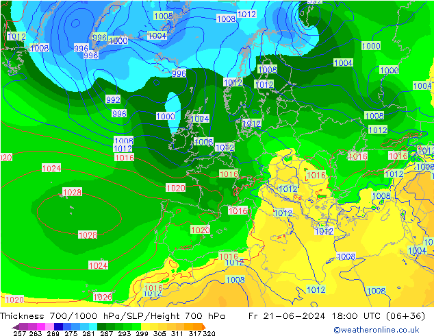 Thck 700-1000 hPa EC (AIFS) Fr 21.06.2024 18 UTC