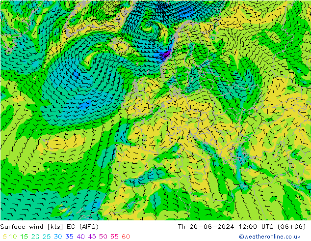 Surface wind EC (AIFS) Čt 20.06.2024 12 UTC