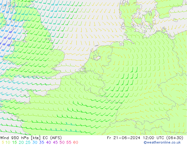 Wind 950 hPa EC (AIFS) Pá 21.06.2024 12 UTC