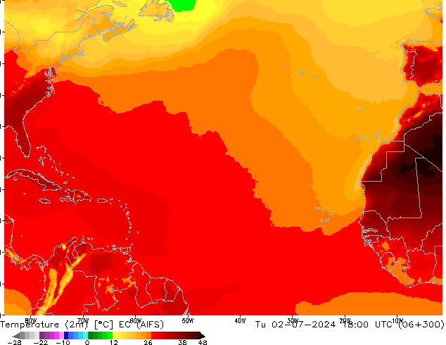 Temperature (2m) EC (AIFS) Tu 02.07.2024 18 UTC