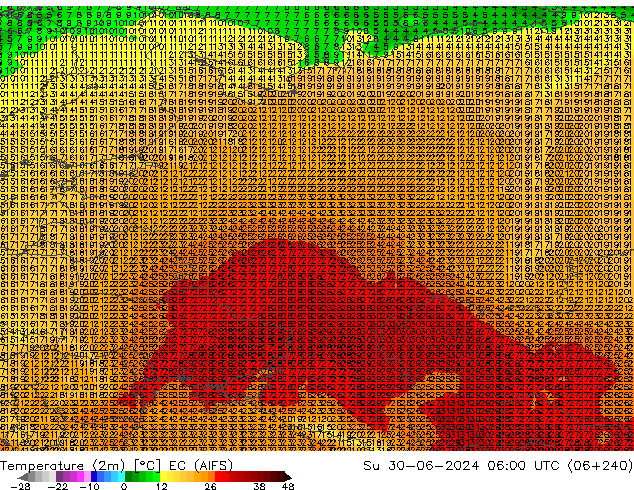 mapa temperatury (2m) EC (AIFS) nie. 30.06.2024 06 UTC