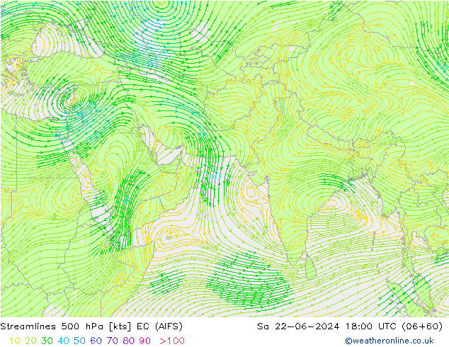 Linea di flusso 500 hPa EC (AIFS) sab 22.06.2024 18 UTC