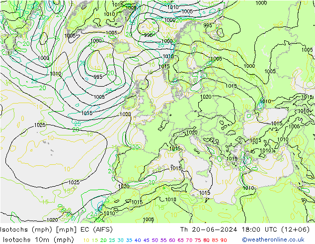 Isotachs (mph) EC (AIFS) 星期四 20.06.2024 18 UTC