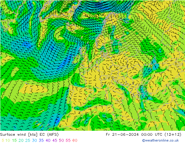 Surface wind EC (AIFS) Pá 21.06.2024 00 UTC