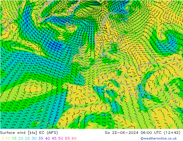 Wind 10 m EC (AIFS) za 22.06.2024 06 UTC