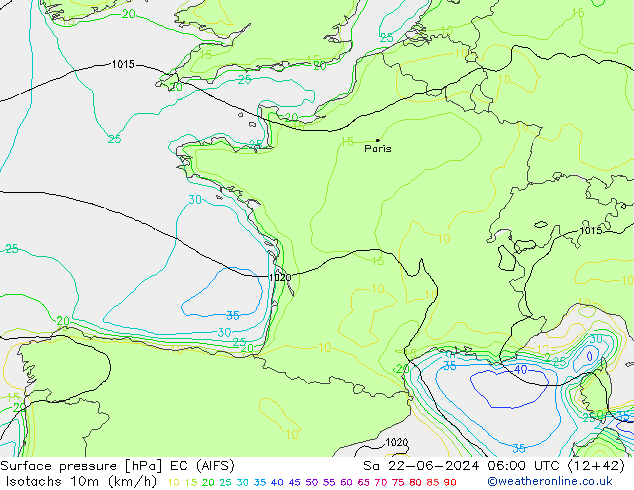 Izotacha (km/godz) EC (AIFS) so. 22.06.2024 06 UTC