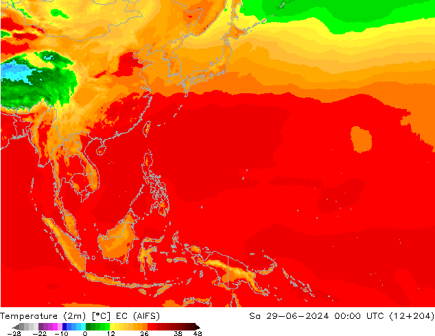 Temperature (2m) EC (AIFS) Sa 29.06.2024 00 UTC
