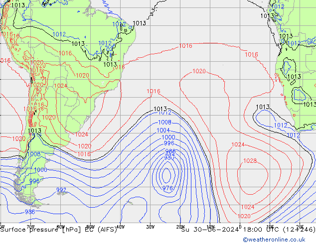 Atmosférický tlak EC (AIFS) Ne 30.06.2024 18 UTC