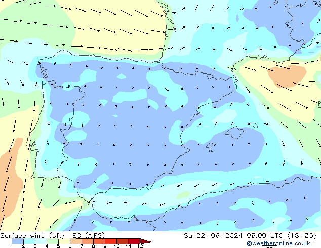 Vent 10 m (bft) EC (AIFS) sam 22.06.2024 06 UTC