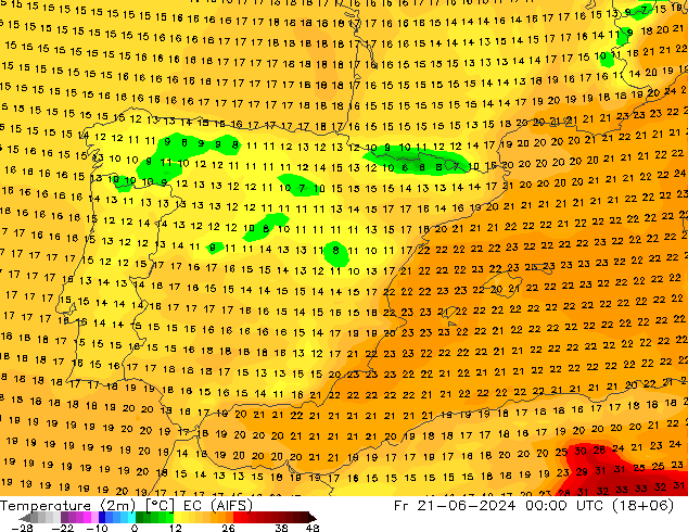 Temperature (2m) EC (AIFS) Fr 21.06.2024 00 UTC