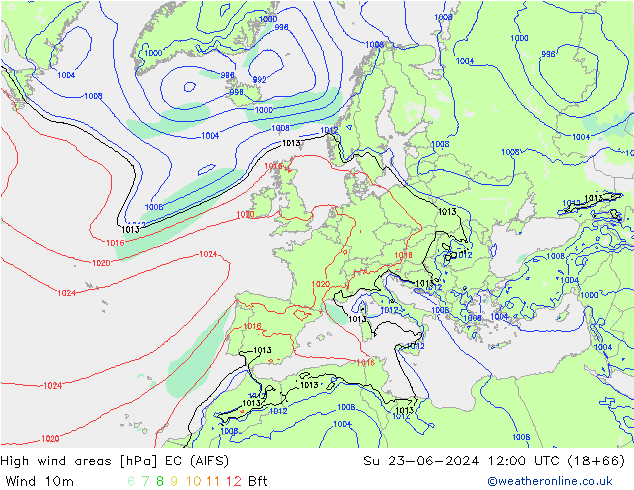 High wind areas EC (AIFS) Su 23.06.2024 12 UTC