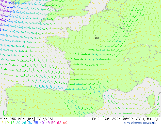 Wind 950 hPa EC (AIFS) vr 21.06.2024 06 UTC