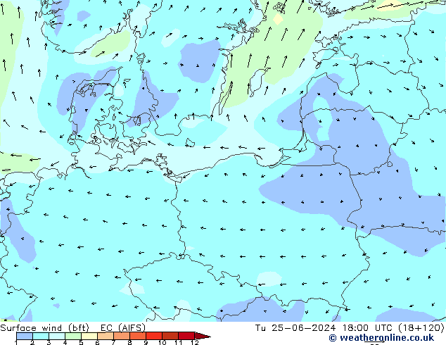 Surface wind (bft) EC (AIFS) Út 25.06.2024 18 UTC