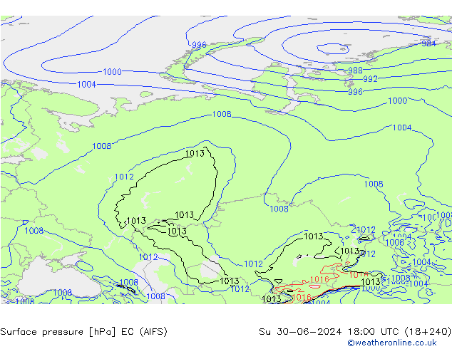 Atmosférický tlak EC (AIFS) Ne 30.06.2024 18 UTC