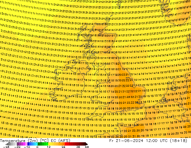 Temperature (2m) EC (AIFS) Pá 21.06.2024 12 UTC