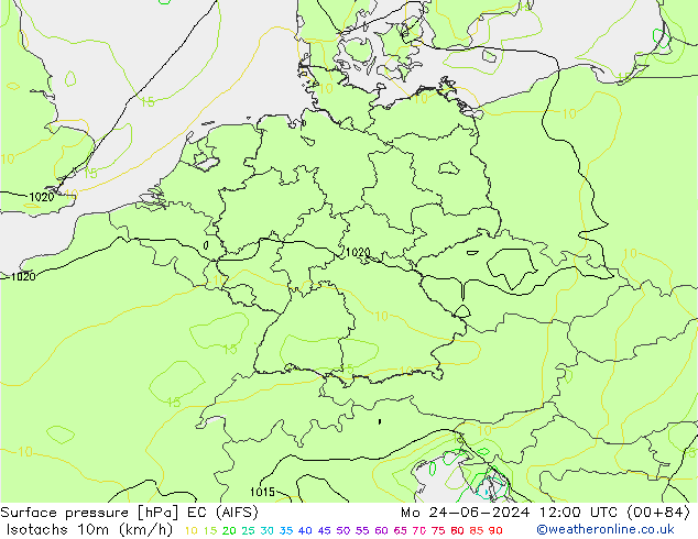 Izotacha (km/godz) EC (AIFS) pon. 24.06.2024 12 UTC