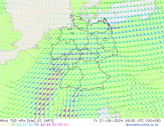 Wind 700 hPa EC (AIFS) Fr 21.06.2024 06 UTC