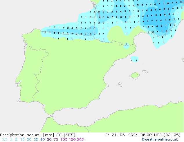 Precipitation accum. EC (AIFS) Fr 21.06.2024 06 UTC
