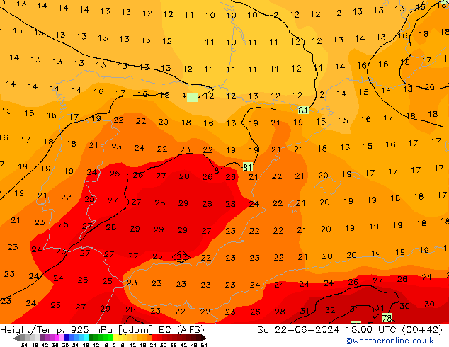 Geop./Temp. 925 hPa EC (AIFS) sáb 22.06.2024 18 UTC