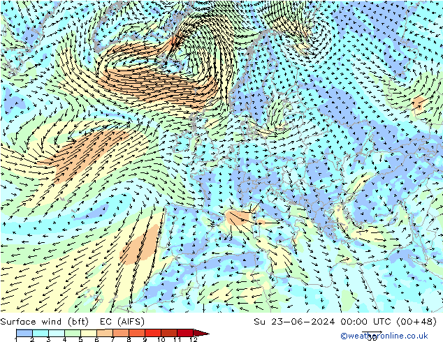 Surface wind (bft) EC (AIFS) Su 23.06.2024 00 UTC