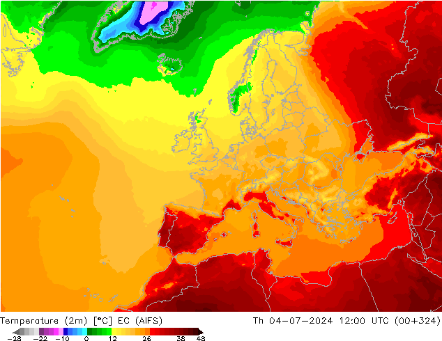 Temperatuurkaart (2m) EC (AIFS) do 04.07.2024 12 UTC