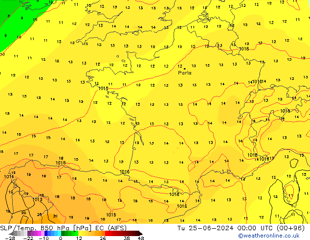 SLP/Temp. 850 hPa EC (AIFS) Tu 25.06.2024 00 UTC