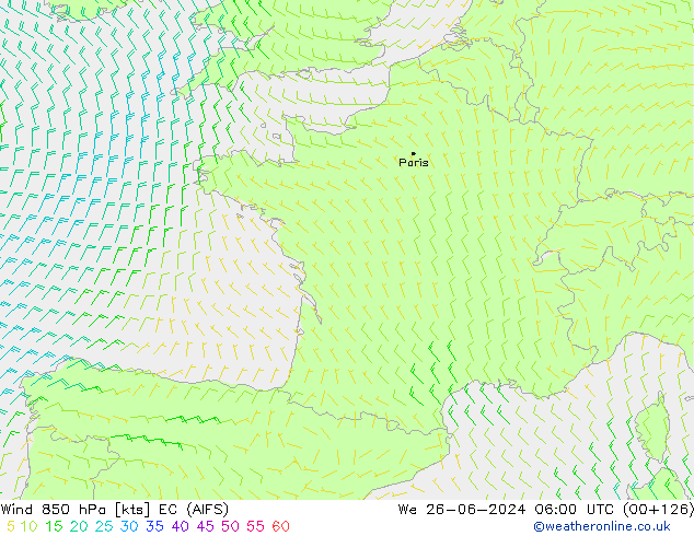 ветер 850 гПа EC (AIFS) ср 26.06.2024 06 UTC