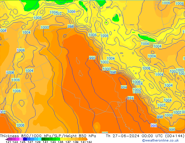 Thck 850-1000 hPa EC (AIFS)  27.06.2024 00 UTC