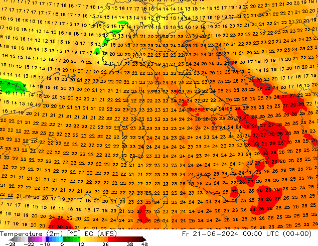 température (2m) EC (AIFS) ven 21.06.2024 00 UTC