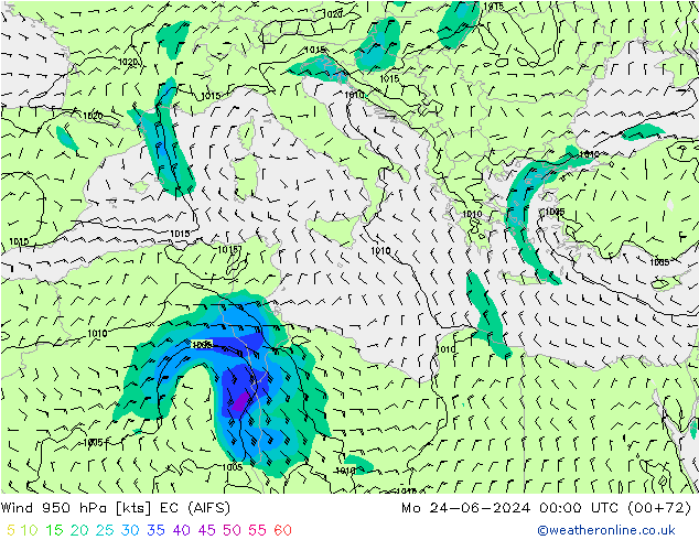 wiatr 950 hPa EC (AIFS) pon. 24.06.2024 00 UTC