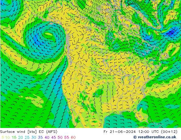 Viento 10 m EC (AIFS) vie 21.06.2024 12 UTC