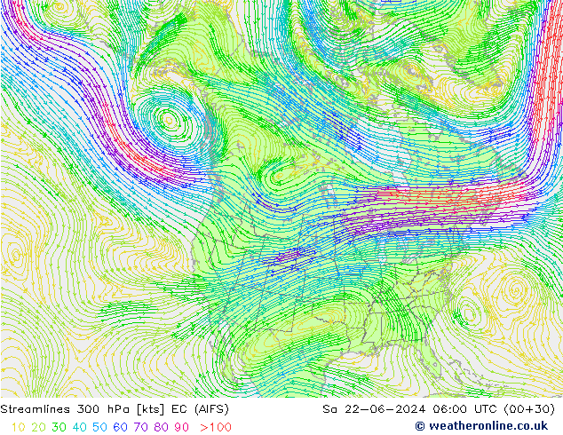 Streamlines 300 hPa EC (AIFS) Sa 22.06.2024 06 UTC