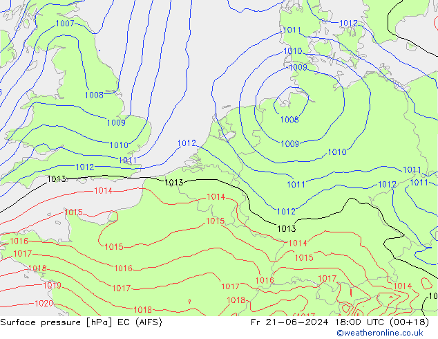Atmosférický tlak EC (AIFS) Pá 21.06.2024 18 UTC