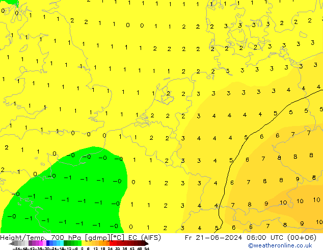 Geop./Temp. 700 hPa EC (AIFS) vie 21.06.2024 06 UTC