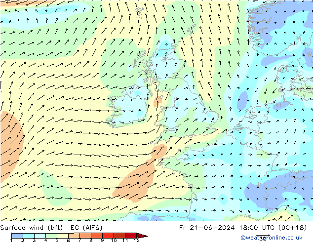 Viento 10 m (bft) EC (AIFS) vie 21.06.2024 18 UTC