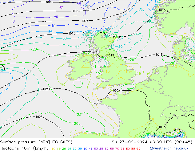 Eşrüzgar Hızları (km/sa) EC (AIFS) Paz 23.06.2024 00 UTC