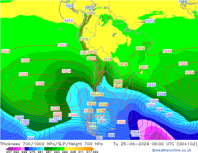 Espesor 700-1000 hPa EC (AIFS) mar 25.06.2024 06 UTC