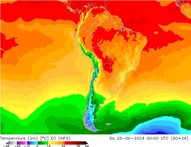 Temperature (2m) EC (AIFS) Sa 22.06.2024 00 UTC