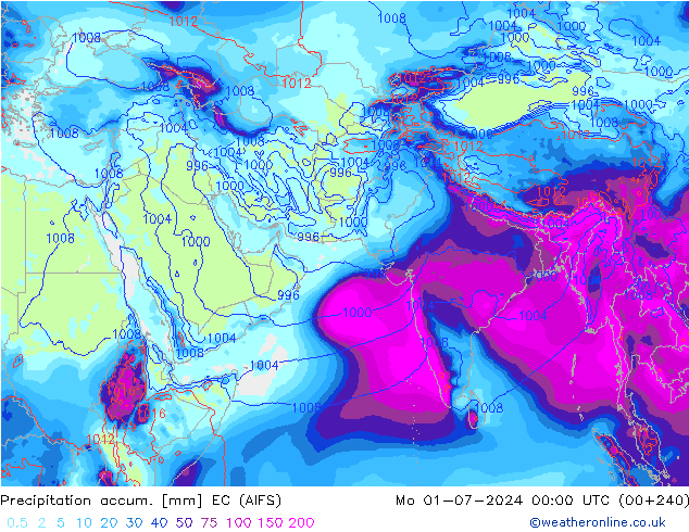 Precipitation accum. EC (AIFS) 星期一 01.07.2024 00 UTC