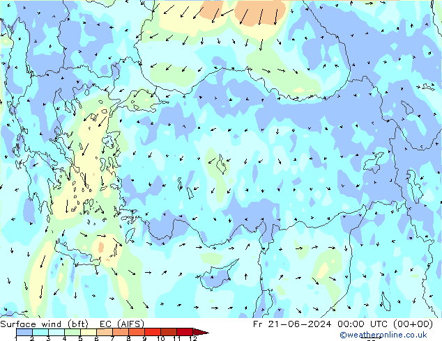 Vento 10 m (bft) EC (AIFS) Sex 21.06.2024 00 UTC