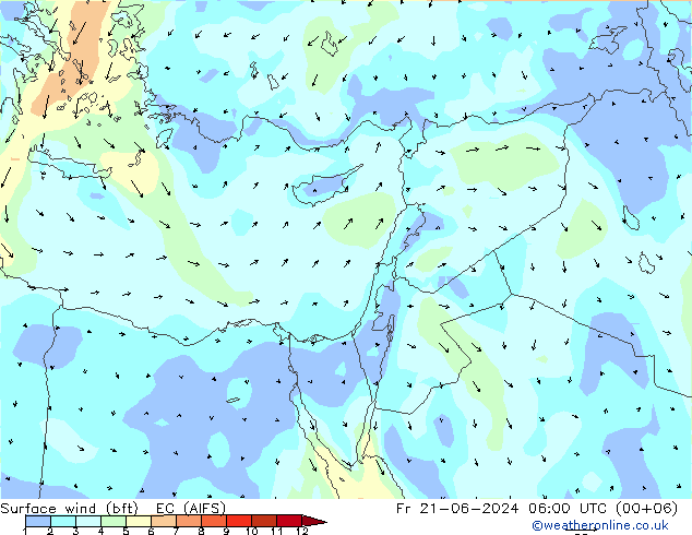 Surface wind (bft) EC (AIFS) Fr 21.06.2024 06 UTC