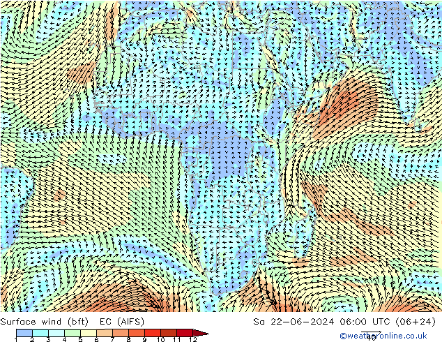 Surface wind (bft) EC (AIFS) Sa 22.06.2024 06 UTC