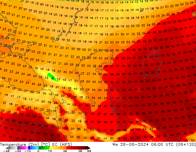 Temperatuurkaart (2m) EC (AIFS) wo 26.06.2024 06 UTC