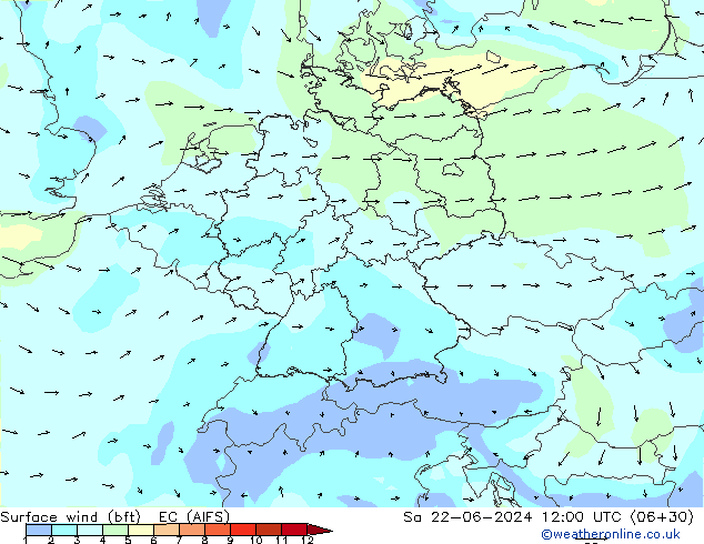 Surface wind (bft) EC (AIFS) Sa 22.06.2024 12 UTC